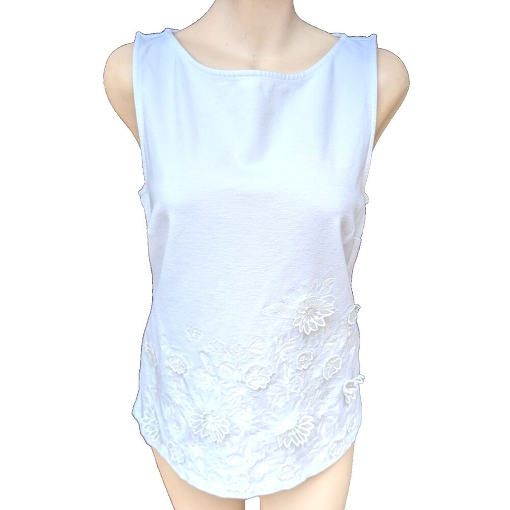 Dana Buchman White 3D Floral Detail Sleeveless Stretch Summer Top Blouse Small